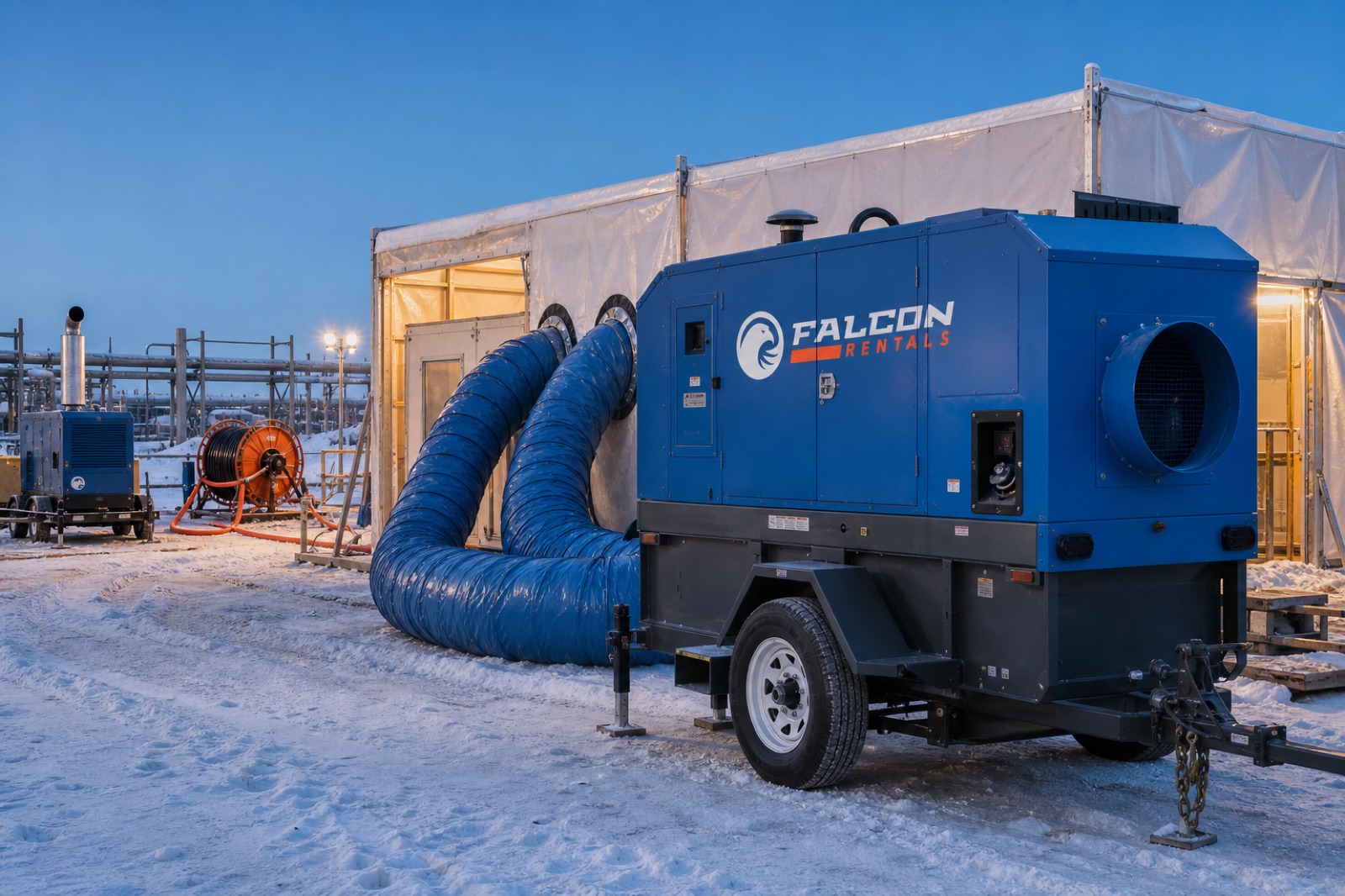 Falcon Rentals heater warming a hoarded jobsite in winter