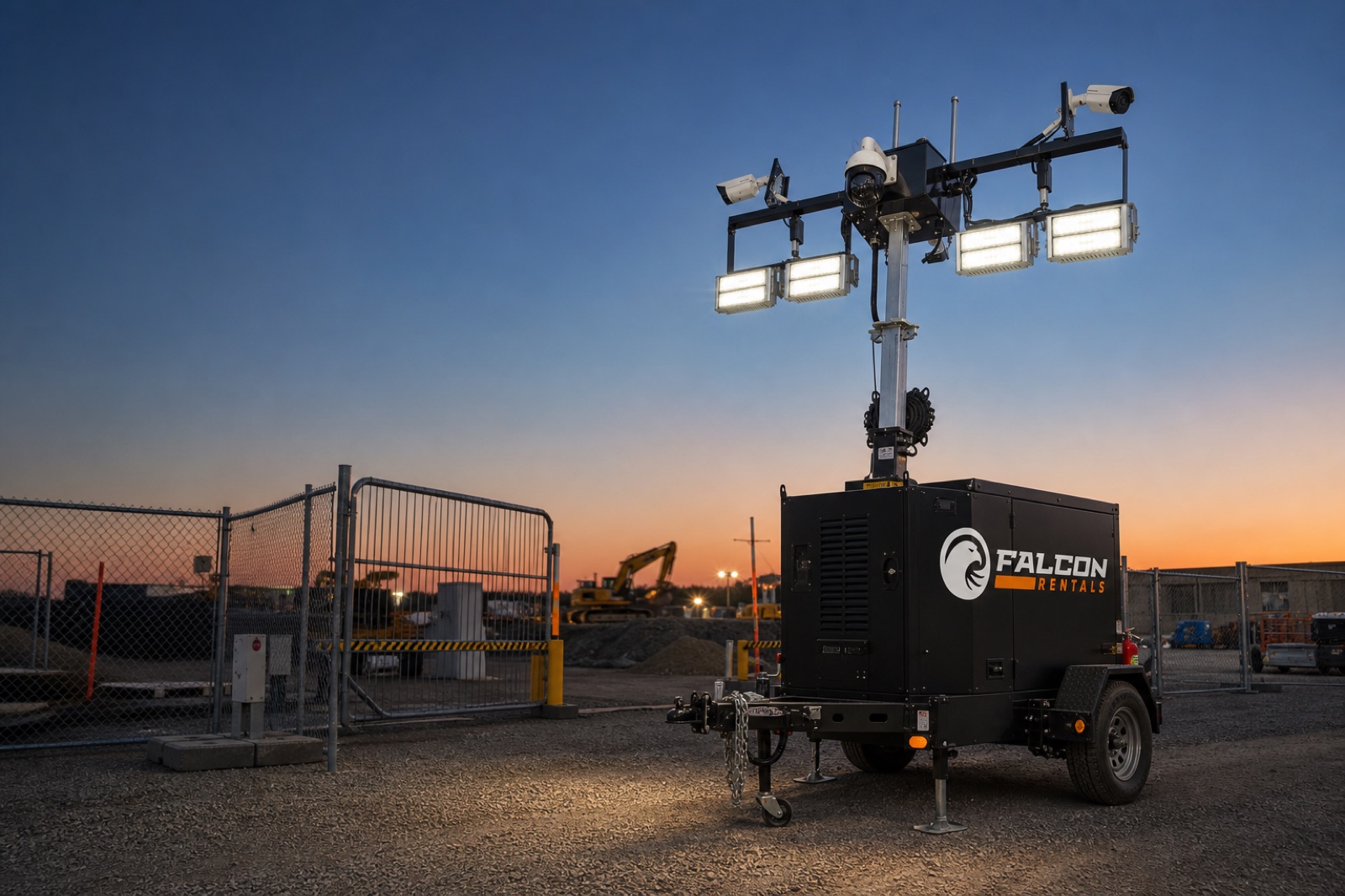 Falcon Rentals surveillance and lighting tower securing a fenced job site at dusk